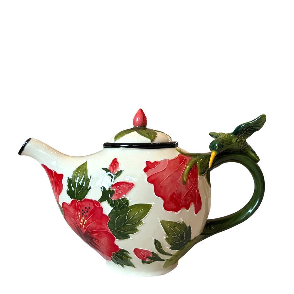 Blue Sky Ceramic Lidded Teapot Hummingbird & Red Hibiscus NEW